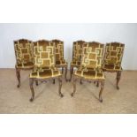 Set of six nutwood dining room chairs with geometric upholstery, labeled: Theodore Alexander Serie