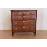 Mahogany veneered chest of drawers decorated with cannelures and copper fittings, 19th century h.94,