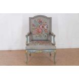 A painted armchair with gros-point upholstery, H. 110 cm. Beschilderde armstoel bekleed met gros-