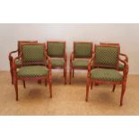 Set of six armchairs with green upholstery, 20th century Serie van 6 mahonie armstoelen met groene