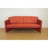 LEOLUX, rood leren 3-zits bank bekleed met bedrukte stof LEOLUX, red leather coutch