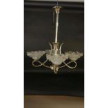 Art Deco hanglamp met glasstaafjes en Ezan glasschalen. h. 68 cm. Art Deco hanging lamp with 4