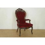 Mahonie fauteuil bekleed met rood velours Mahogany chair with red velvet