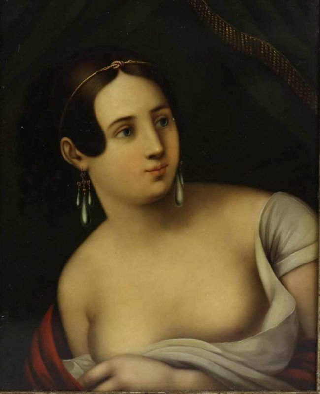 Braunschweig, Wilhelm Stockmann & Cie, fijn geschilderd 'tole peint' portret, ca. 1820; Dame met - Image 4 of 5