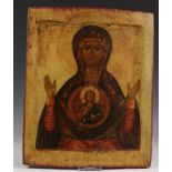 Rusland, ikoon, 19e eeuw; Moeder Gods van het teken, met op de borst een medaillon waarin Christus