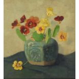 Onbekend, 20e eeuw Bloemen in een gemberpot / Stilleven met fruit doek, 40 x 40 cm. en board, 30 x