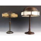 Twee koperen tafellampen, Art Deco h. 46 en 50 cm, [2]