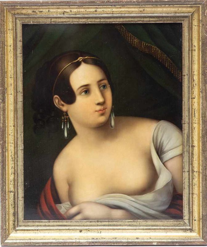 Braunschweig, Wilhelm Stockmann & Cie, fijn geschilderd 'tole peint' portret, ca. 1820; Dame met