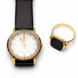 Eterna, 14krt. gouden polshorloge, opwind en een cachetring Horloge aan zwarte band. In etui [3]