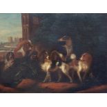 Adriaen Cornelisz. Beeldemaker (1618-1709) Honden in een landschap bij een haas / Honden bij