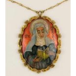 Joanna Brom, 1898-1980, ovaal emaille plaquette, St. Monica. In 14krt. gouden montuur. Op