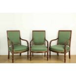 Drie mahoniehouten fauteuils in Empire-stijl, 19e eeuw, met groene stoffering [3]