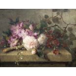 Margaretha Roosenboom (1843-1896) Stilleven met rododendrons en rozen paneel, gesign. r.o., 33,5 x