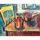 Jens Mathisen (1926-2003) Pan en koffiepot op een tafel board, gesign. l.o., '58, 80 x 100 cm. Uit
