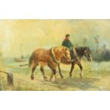 Onbekend, 20e eeuw Man met paarden op jaagpad doek, 50 x 77 cm. [1]