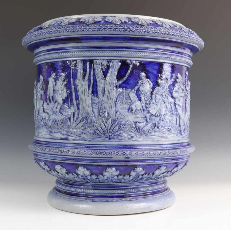 Duitsland, grijs-blauw steengoed 'gres' cache-pot, ca. 1900, met reliëffries van feestende figuren - Image 2 of 4