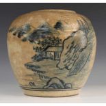 Japan, steengoed gemberpot, 19e eeuw, met 'imperfecties' en blauw decor op wit glazuur