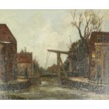 Hollandse school, begin 20e eeuw Figuur bij ophaalbrug doek, 40 x 50 cm. [1]