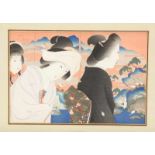 Shoun Yamamoto (1870-1965), houtsnede;Twee vrouwen en een meisje bij een kamerscherm. In lijst. 18 x