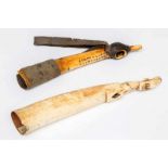 DRC., Lega, ivory flute, ca. 1900.with leather strap and wrappings and circle decoration. Provenance