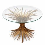 Verguld metalen korenschoof-boeket-tafel, 'Coco Chanel tafel', jaren '70, met rond glazen blad diam.