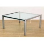 Stalen salontafel naar Poul Kjaerholm,met groen glazen blad 68 x 63 en h. 33 cm, [1]