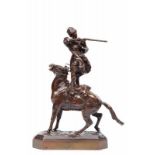 Rusische School, bruin gepatineerd bronzen beeld, 20ste eeuw;Kozak met geweer, staand op paard.