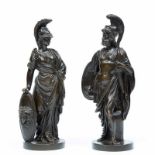 Twee bruin gepatineerde bronzen sculpturen, ca. 1900;Hercules/Athene. Ongesigneerd. h. 22,5 en 23,