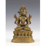 Nepal, bronzen sculptuur, 19e eeuw;Bhodisatva, gezeten in lotushouding op lotustroon h. 13,5 cm. [1]