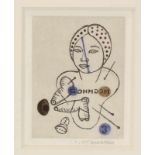 Reinier Lucassen (geb.1939)Compositie met figuur kleurenets, gesign. r.o., 19,5 x 14,5 cm. [1]