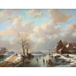Gerhardus Hendriks (1804-1859)Uitgestrekt polderlandschap met schaatsers op een bevroren vaart bij