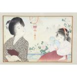 Shoun Yamamoto (1870-1965), houtsnede;Vrouw en lezend meisje. In lijst. 18 x 26 cm. [1]