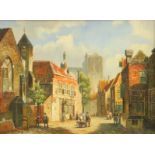 Hollandse school, 20e eeuwStadsgezicht board, 28 x 38 cm. [1]