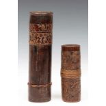 Borneo, West Kalimantan, two bamboo containerswith low-relief carved patterns. One with floral