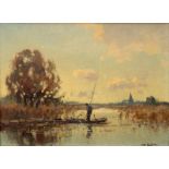 Jan Knikker (1889-1957)Polderlandschap met man in een boot, een kerk in de verte doek, gesign. r.o.,