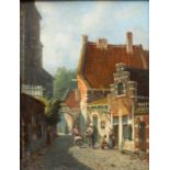 Toegeschreven aan Adrianus Eversen (1818-1897)Stadsgezicht met figuren op straat paneel, gemonn. l.