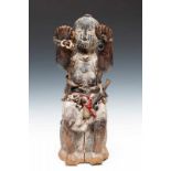 Togo, Fon, voodoo figureconsisting of a seated female figure with raised hands on a upside down