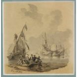 Johannes Christiaan Schotel (1787-1838)Een roeiboot bij een galjoen, oorlogsschepen op de