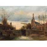 Andreas Dirks (1865-1922)Gezicht op een binnenhaven bij een stad doek, gesign. l.o., 42 x 60 cm. [1]