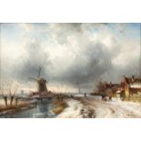 Charles Leickert (1816-1907)Uitgestrekt winters landschap met figuren op een pad bij huizen en een