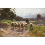 Herman Johannes van der Weele (1852-1930)Boer met schapen op een zandpad maroufle, gesign. r.o.,