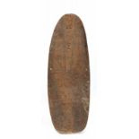 PNG, middle Ramu, oval war shield,with raised elongated triangle with notched pattern with