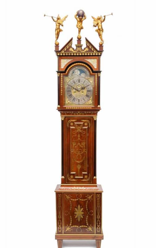 Amsterdams staand horloge, ca. 1800,met verguld messing wijzerplaat en vertinde cijferring, met