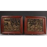 China, paar ajour gestoken panelen, laat Qing dynastiein omlijsting 33 x 39 cm. [2]
