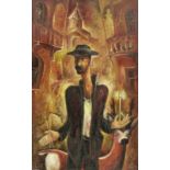 Onbekende kunstenaar, 20e eeuwCompositie met een man en hert doek, '94, 56 x 34 cm. [1]