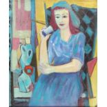 Gerard Grassere (1915-1994)Vrouw met blauwe jurk in interieur doek, gesign. l.o., ca. 1947, 58 x