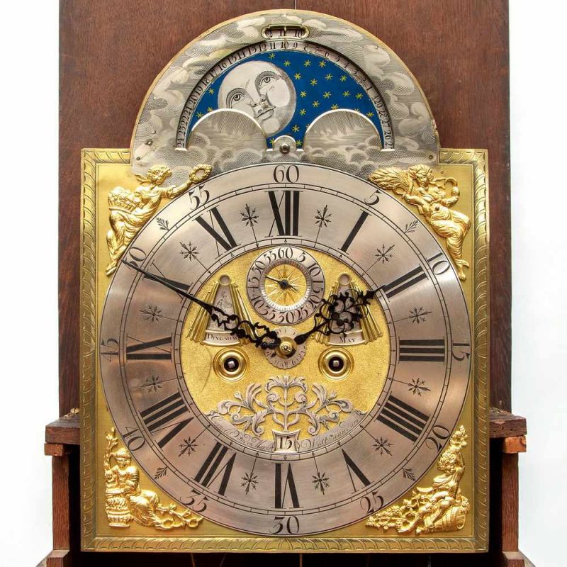 Amsterdams staand horloge, ca. 1800,met verguld messing wijzerplaat en vertinde cijferring, met - Image 2 of 2