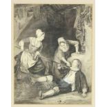Joannes Petrus Waterloo (1790-1870)Twee vrouwen bij een dronken man in een schuur inkt, gesign. l.