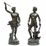 Emile-Victor Blavier, twee bruin gepatineerde bronzen sculpturen, 20ste eeuw;Man met doedelzak/