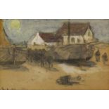 Gerhard Arij Ludwig Morgenstjerne Munthe (1875-1927)Figuren bij vissersboten op het strand, een huis